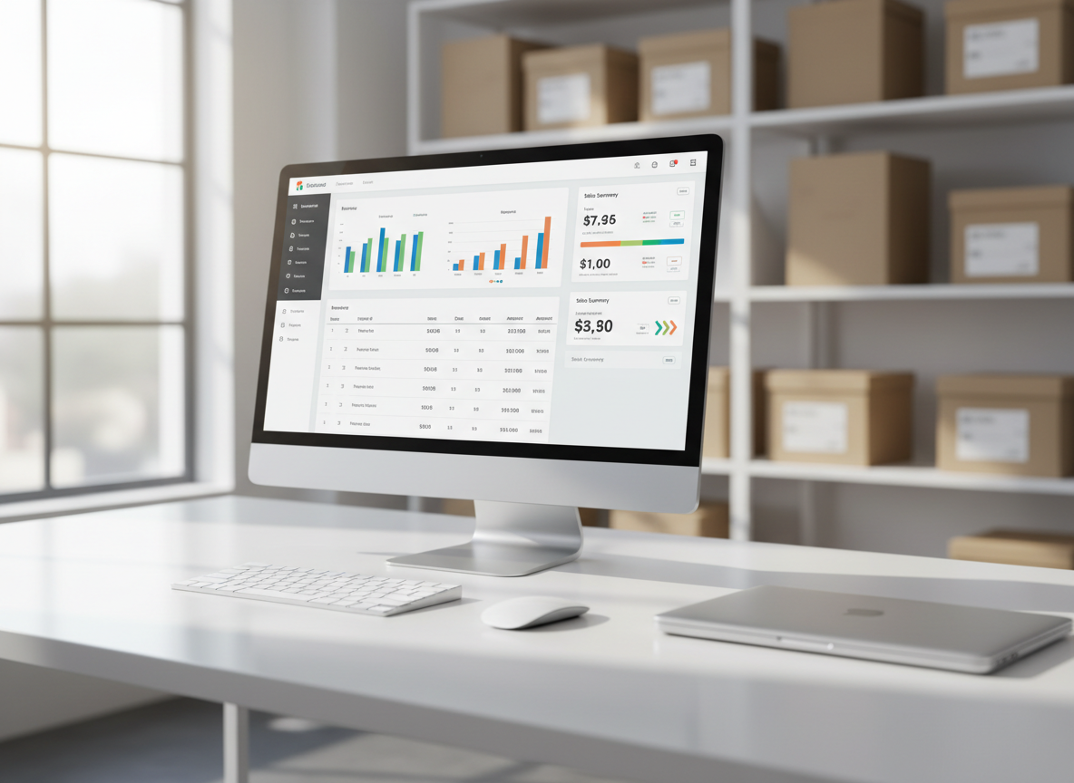 A sleek widescreen computer monitor on a tidy white office desk displays a modern billing software dashboard with colorful bar graphs, invoice lists, and sales summaries, all rendered as generic, non-branded interface elements. Around the monitor sit a wireless keyboard, mouse, and a closed silver laptop, with a subtle reflection on the glossy desk surface. Soft daylight from a large unseen window to the left creates gentle highlights on the screen edge and casts faint shadows across the workspace. Photographic realism at eye level, with a clean, professional, corporate atmosphere, sharp focus on the screen and a mildly blurred background of shelves with neatly arranged boxes, suggesting a retail back-office environment.